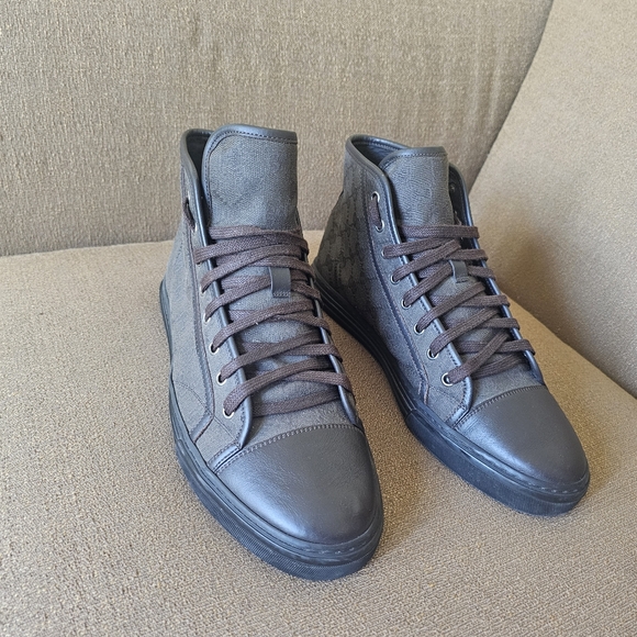 Gucci Brown Monogram High-Top Canvas Sneakers Gucci Size 8/US 8.5 - Picture 3 of 15